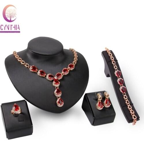 Fashion Jewelry Sets Red Zircon Crystal Pendant Necklace Bracelet Earrings Wedding Rings Gold color Wedding Accessories Set
