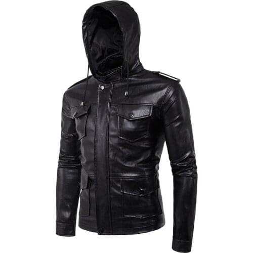 PU Leather Motorcycle Jacket Hoodies with Cap Men Cool Windproof Zipper for Riding Racing Casual Travel Outdoor