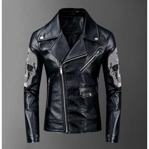 Skulls 2021 Diamonds Mens Jackets and Coats High Street Style Turn-down Neck Streetwear Slim PU Jacket Men Casacas Para Hombre