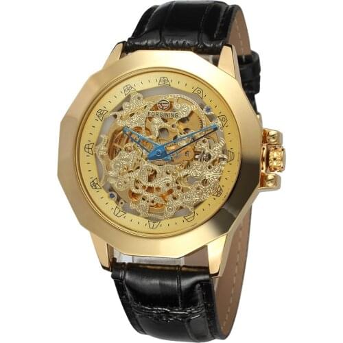 Classic New Big Dial Automatic Skeleton Watches Forsining Brand Genuine Leather Strap Gold Men Mechanical Wrist Watches