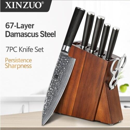 XINZUO 7PCS Kitchen Knife Set Damascus Steel Multi Kitchen Knife Set Scissors Cooking Utensils Organizer Knives Stand Block Tool