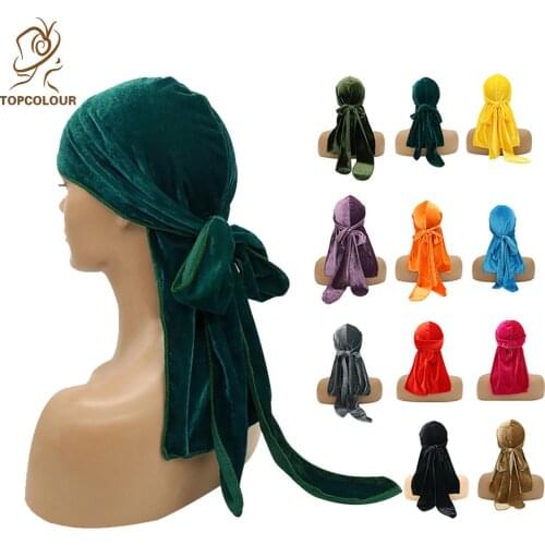 New Fashion Gold Velvet Stretch Long Tail Turban Hat For Fall winter European And American Hip hop Pirate Baotou Hat