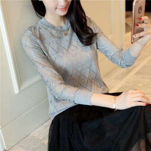 New Spring Autumn womens Fashion Sweater Long-Sleeved Lace Stitching Casual Hollow Pullovers Sweater Female Knitwear NS4450