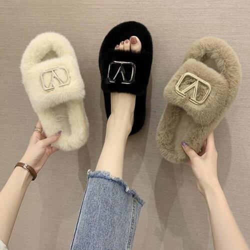 New Ladies Slippers High Imitation Mink Leather Womens Shoes Fluffy Mink Fur To Keep Warm Fashionable Artiflcial Flat Slippers
