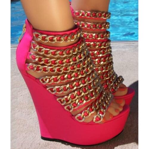 Shofoo shoes,Explosion models womens sandals , more show noble gold chain decoration, wedges sandals,ladies high heels sandals
