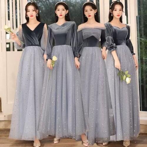 Bridesmaids Dresses Illusion Full Strapless Sequined Pleat Lace Tulle Off The Shoulder Luxury Gray Women Wedding Party Gown E609