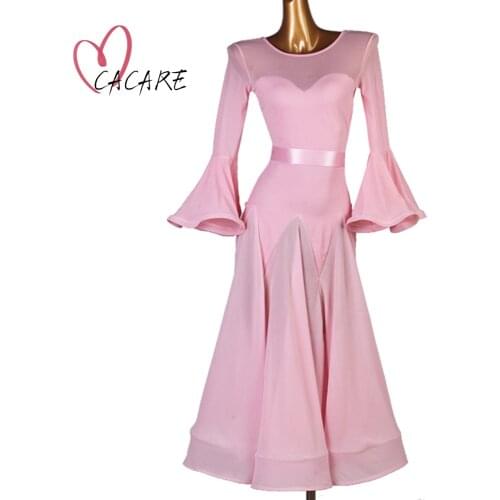 CACARE Ballroom Dance Competition Dresses Waltz Dress Standard Dance Dresses D0127 with Waist Belt Mesh Bust Big Hem