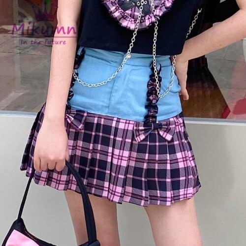 Japanese Harajuku Girls Sweet Bow Plaid Stitching High Waist Pleated Skirt Punk Kawaii Fashion Mini Skirts