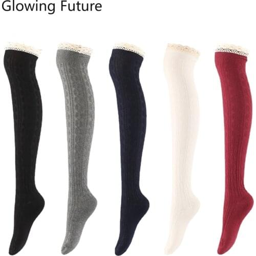 Japanese Sexy Twist Over Knee Socks Fashion Winter Warm Lace Stitching Cotton Thigh High Socks Breathable Lolita Knee High Socks