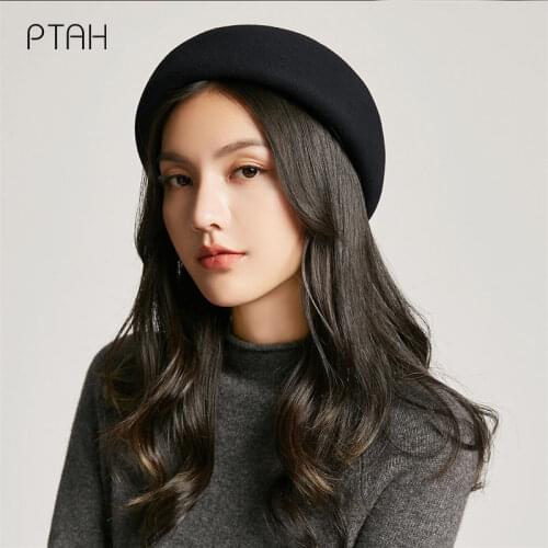 [PTAH] 100% Wool Beret Women Winter Felt Hats Temperament Elegant Pure Color Fedoras Hats Autumn Winter Warmer Vintage Caps Lady