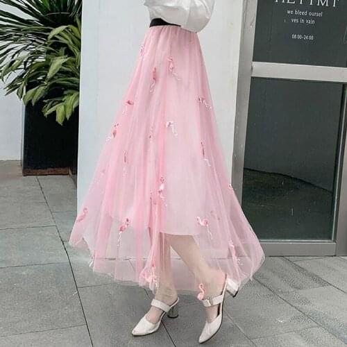 2021 Spring Autumn New Womens Fashion Elegant Sweet Elastic High Waist Flamingo Embroidered Mesh Skirts Office Ladies Y315