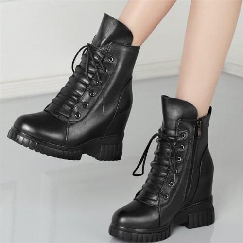 Ridding Boots Women Lace Up Cow Leather High Heel Platform Pumps Shoes Female High Top Round Toe Fashion Sneakers Casual Shoes