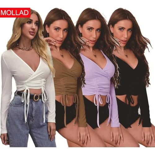 2021 Autumn Pullover V-neck Long Sleeve Solid Color Drawstring Short Temperament Commute Womens T-shirt