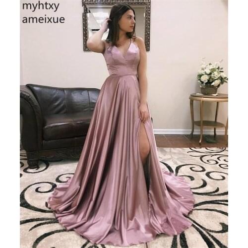 Pink Plus Size Eening Dresses split For Women V-Neck Spaghetti Strap Backles Floor Length A-Line Silk Satin Robe De Soiree
