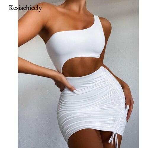 Kesiachiccly One Shoulder White Ruched Pleated Bodycon Dress Women Mini Party Dress Hollow Out Basic Skinny Casual Dress Short