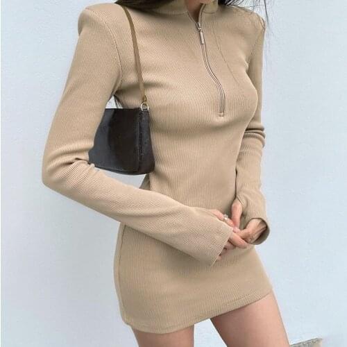BKLD Women Clothing 2021 New Autumn And Winter Fashion Solid Color Turtleneck Zipper Bodycon Long Sleeve Dress Sexy Club Outfits
