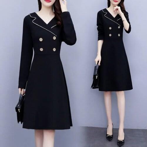 Suit Collar Long Sleeved Dress Women 2021 Spring Autumn Waist Slimming Temperament Black Dress Base Dresses Ladies Elegant 740