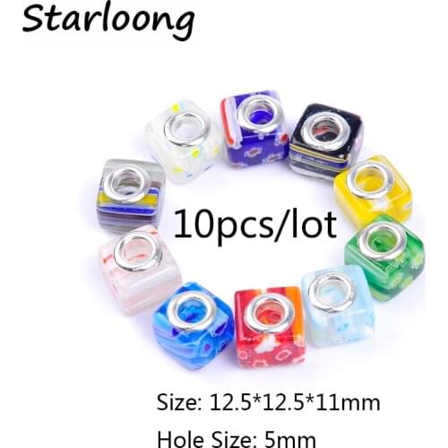 10pcs/lot colors mixed square shape lampwork glazed glass spacer beads fit for European charm bracelet for DIY jewelry making