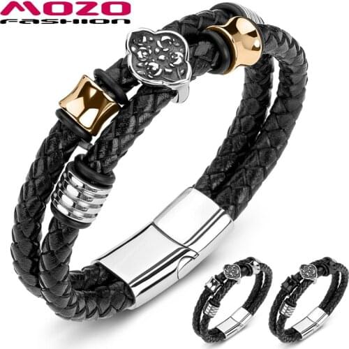 2020 Male Bracelet Braided Genuine Leather Stainless Steel Four Leaf Flower Punk Bangle Hot Jewelry