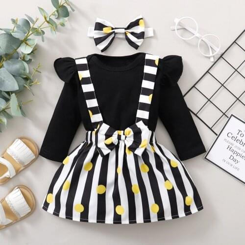 3Pcs Newborn Dress Baby Girl Dress Romper + Bow Dot Striped Print Suspender Skirt Fashion Long Sleeve Spring Autumn Winter Dress