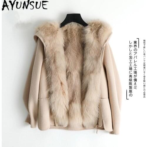 AYUNSUE Real Fox Fur Coat Female Wool Coat Autumn Winter Jacket Women Woolen Coats Korean Warm Outwear Casaco Feminino MY4086