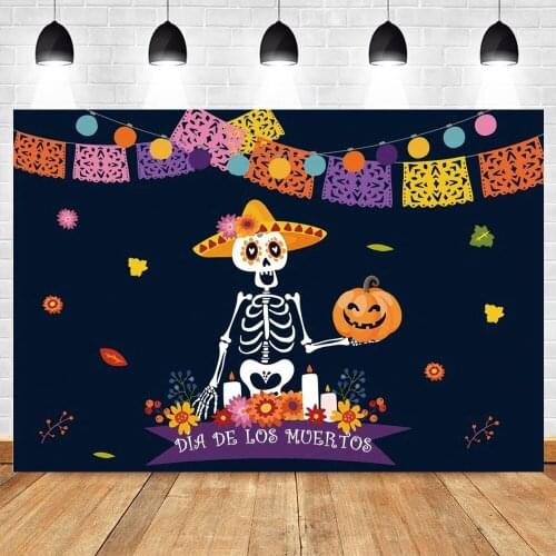 Day of The Dead Backdrop for Mexican Fiesta Sugar Skull Flowers Photography Background Dia DE Los Muertos Birthday Party Banner
