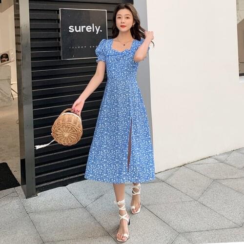 Long Floral Blue Chiffon Women Dress Summer 2020 Runway Elegant Vintage Party Dress Boho Tropical Beach Vacation Korean Dress