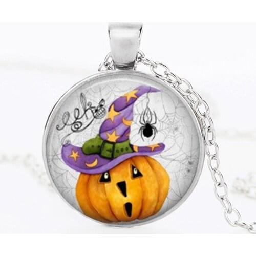 SUTEYI Halloween Crystal Necklace Black Tile Glass Dome Pendant Halloween Pumpkin Pattern Necklaces Handmade Fashion Jewelry