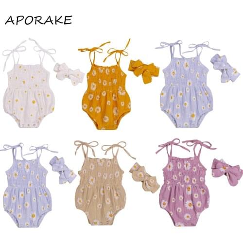 2021 0-18M Newborn Daisy Print Romper Baby Girls Smocked Tie Up Boat Neck Spaghetti Strap Playsuit+Headband Cotton Linen Clothes