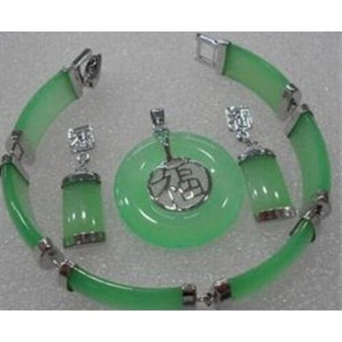 Lucky green jades silver-color pendant bracelet earring set