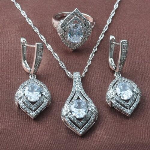 Amazing White Zircon Silver Color Jewelry Sets For Women Wedding Christmas Gift Earrings Rings Necklace Set TZ0608