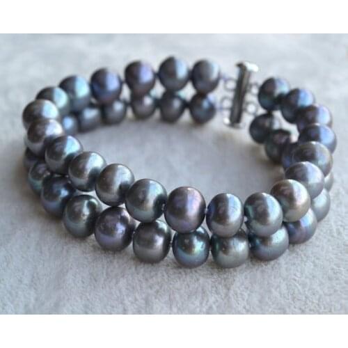 New Classic Dark Gray Pearl Bracelet 2 Rows 9MM Freshwater Pearl Bracelet Wedding Birthday Party Women Gift Fashion Jewelry
