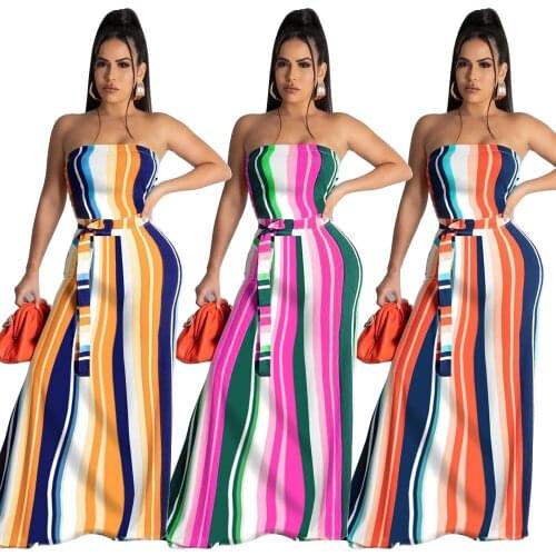 Womens Sexy Off Shoulder Cold Shoulder Stripe Printed Dress Sleeveless Strapless Tube Maxi Dress with Belt Loose Long Dresses