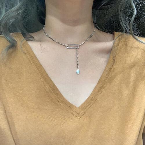 925 Sterling Silver Paper Clip Pendant Necklace Geometric Long Tassel Thai Silver Clavicle Chain Necklace For Women S-N627