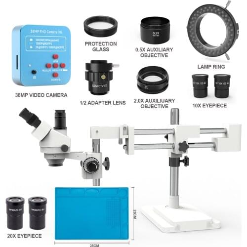 3.5X -180X Simul-Focal Double Boom Stand Trinocular Stereo Zoom 38MP 2K HDMI USB Camera Adjustable Light Microscope
