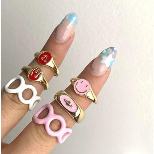 Y2K Jewelry Pink Planet Ring For Women Metal Harajuku Punk Goth Vintage 90s Aesthetic INS Smiley Rings Charms Fashion New Gift