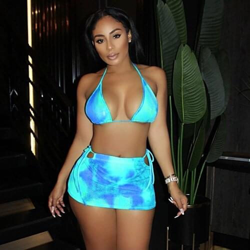 Women 2021 Summer Two Piece Sets Halter Bikini And Mini Skirt Sets Sexy Vacation Outfits Beachwear Casual Matching Sets