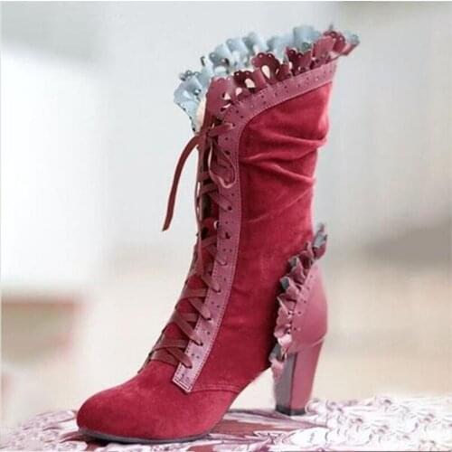 Womens Mid Calf Boots Ladies Lace Up High Heels Female Sexy Shoes Woman Ruffle Flock Retro Boots Women Elegant Footwear yuj7