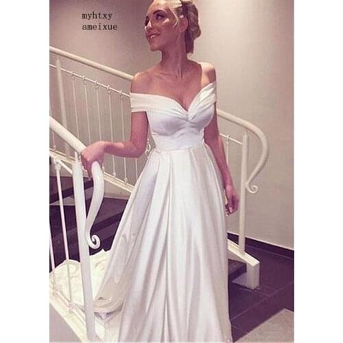 Beach Vestido De Noiva 2020 Cheap Wedding Dresses V-neck Off The Shoulder Satin Boho Dubai Arabic Wedding Gown Bridal Dresses