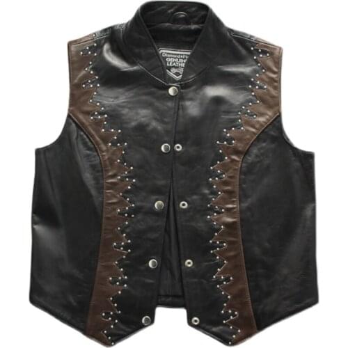 Punk Rock Western Cowboy Leather Vest Rivet Motorcycle Genuine Leather Waistcoat Thin Sheepskin Slim Fit Short Sleeveless