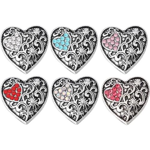 5pcs/lot New Vintage Snap Button Jewelry Rhinestone Crystal Love Heart Snap Button for 18MM Snap Bracelet Love Jewelry