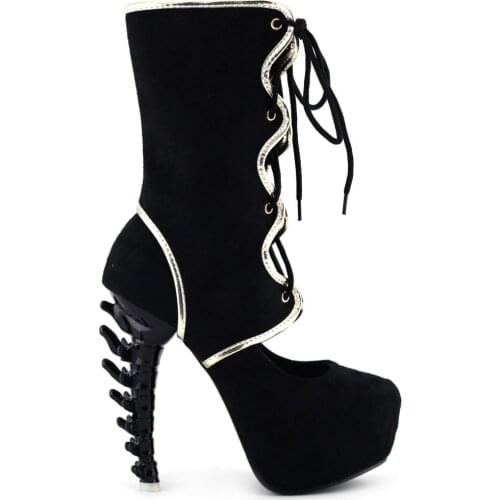 LF80622 Fashion Black/Red Two Tone Lace-Up Bone Heel Platform Boots