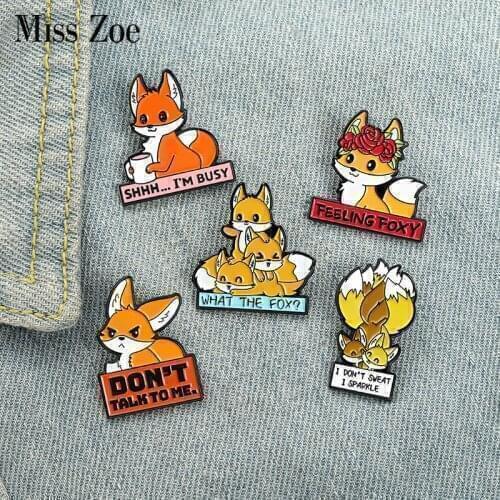 Fox Quotations Enamel Pins I AM BUSY Fun Banner Brooch Lapel Badge Bag Cartoon Animal Jewelry Gift for Friend