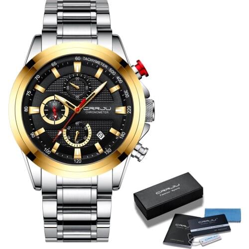 Men Watches CRRJU Stainless Steel Band Watches for Mens Fashion Business Calendar Quartz Silver Golden Watch relogio masculino