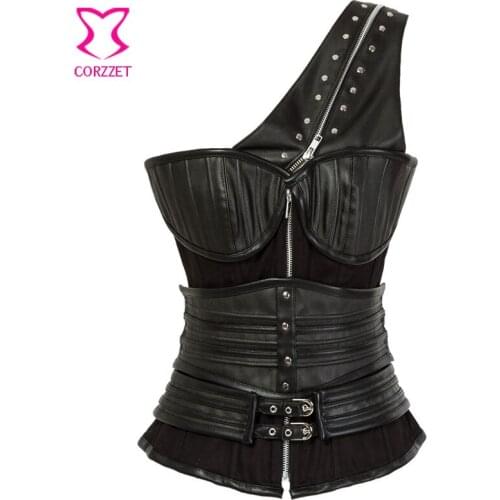 Black Denim & Faux Leather Armor Corset Steampunk Clothing Zipper Waist Trainer Steel Boned Corsets Plus Size Burlesque Costume