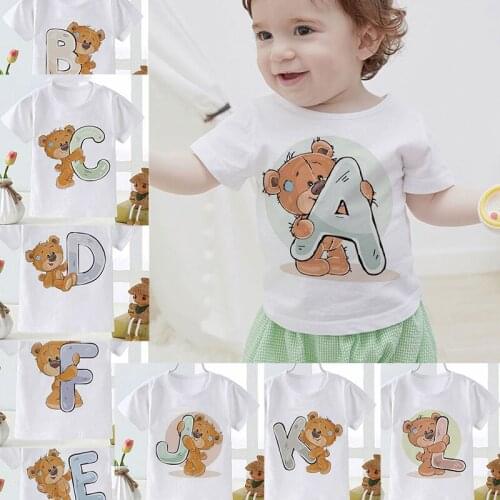 Kids T-Shirts Last Name Letter Cartoon Bear Graphic T-Shirt Boys Girls Birthday Gift Summer Toddler Infant Child Tops T Shirts