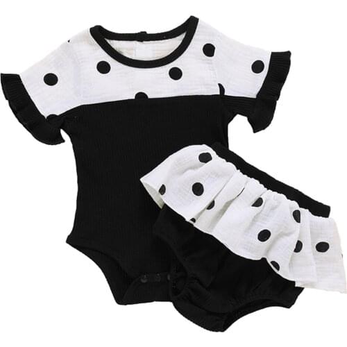 2021 0-24M Baby Girls Clothes Set Sweet Black Dot Short Sleeve Round Collar Romper + Shorts Tutu Skirt Summer 2pcs Outfits Set