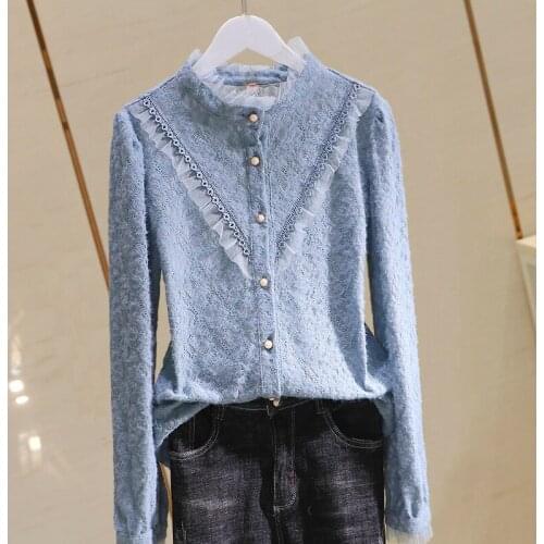 Fashion Design Lace Patchwork Women Shirts Summer New 2021 Ruffles Neck Button Long-Sleeved Elegant Office Lady Outwear Tops