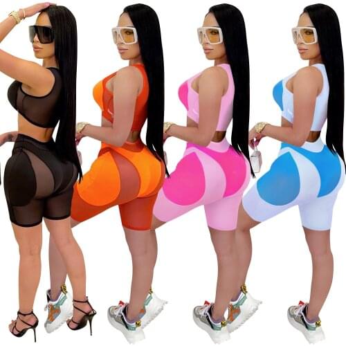 SUJYing 2021 New Fashion Womens Tight-Fitting Two Culopers Suit Color Mesh Sports Yoga Spliced Vest Five-Cent Shorts