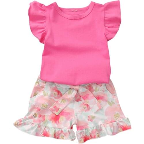 OPPERIAYA Toddler Kids Baby Girls 2-piece Summer lovely Outfit Set Fly Sleeve Solid Color Tops pocket Floral Print Shorts Set